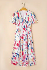 Sky Blue Abstract Print Short Puff Sleeve Tiered Maxi Dress - Femstylo