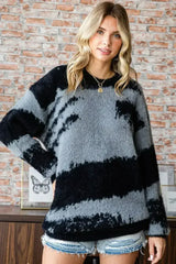 First Love Full Size Abstract Pattern Contrast Feather Yarn Sweater - Femstylo