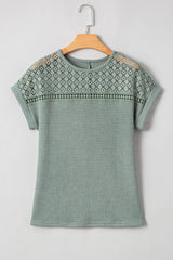 Mist Green Hollow Patchwork Waffle Knit Top