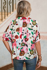 Pink Floral Print Boho Pop of Color Neckline Blouse