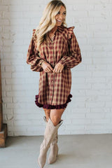Red Plaid Print Ruffled Long Sleeve Patchwork Hem Mini Shirt Dress