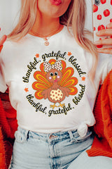White Thanksgiving Cute Turkey Heat Transfer Printing Cotton Blend T Shirt