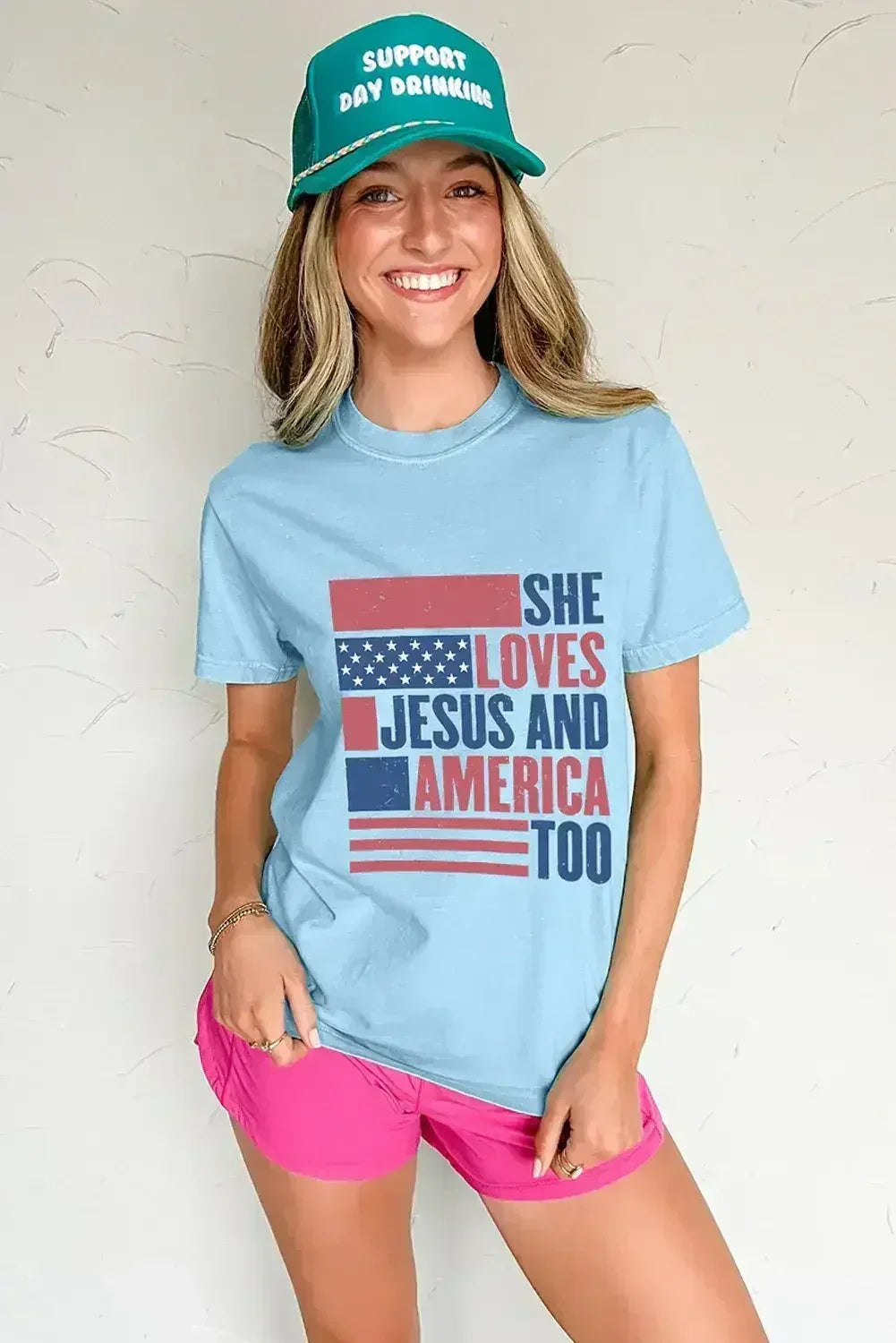 Light Blue SHE LOVES JESUS AND AMERICA TOO Patriotic T Shirt - Femstylo