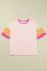 Light Blue Color Block Sleeve Round Neck Oversize Top - Femstylo