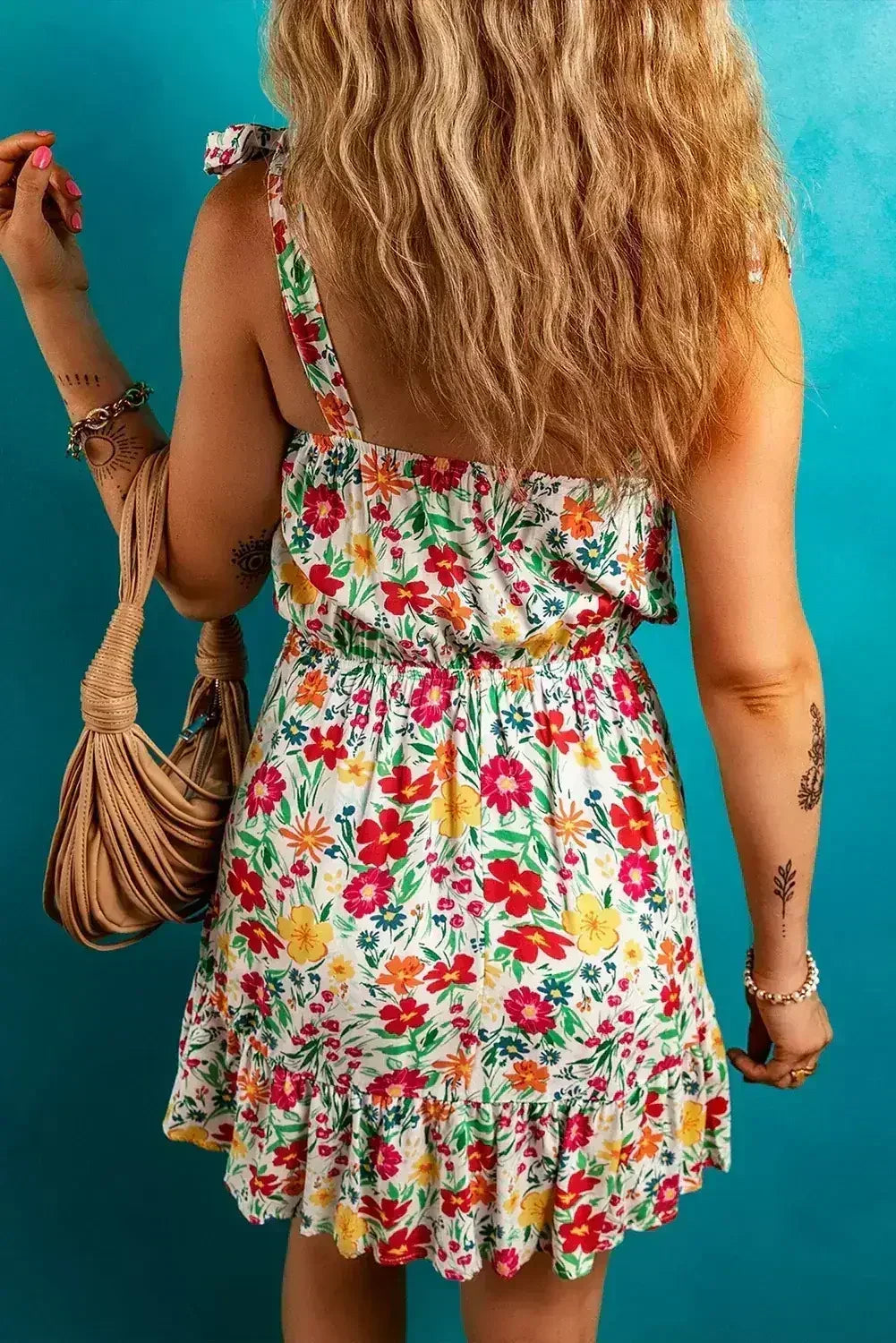 Red Floral Print Knotted Strap Cinched Waist Ruffle Hem Mini Dress - Femstylo