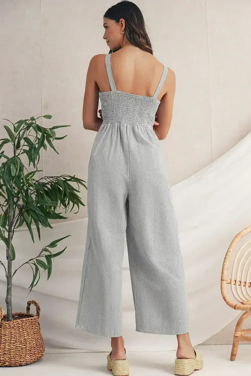 Black Stripe Half Buttoned Sleeveless Wide Leg Jumpsuit - Femstylo