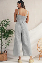 Black Stripe Half Buttoned Sleeveless Wide Leg Jumpsuit - Femstylo