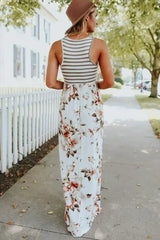 White Boho Stripes & Floral Print Floor Length Tank Dress - Femstylo