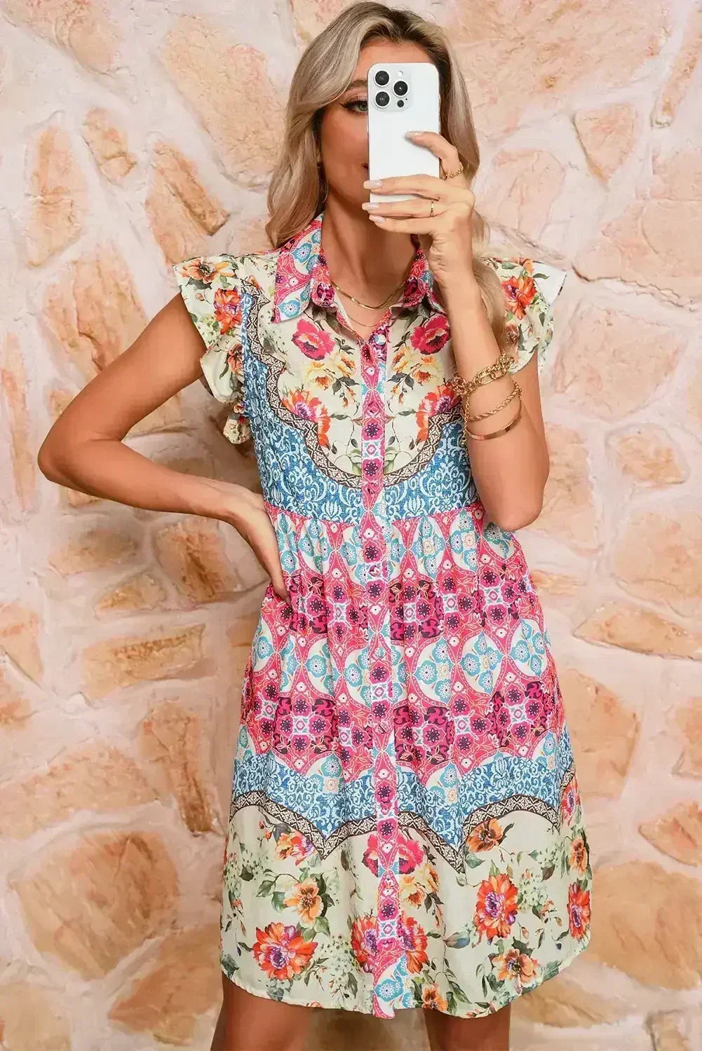 Rose Floral Ethnic Print Ruffle Mini Dress - Femstylo