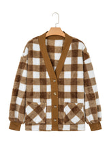 Brown Checkered Sherpa Loose Knit Cardigan with Pockets