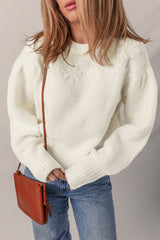 White Flower Detail Round Neck Contrast Textured Puff Sleeve Sweater