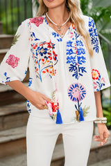 White Boho Floral Fringe Tie V Neck Blouse