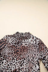 Brown Allover Leopard Print Smocked Neck Mesh Bodysuit - Femstylo