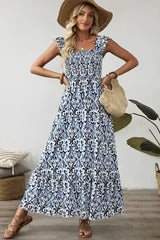 Sky Blue Boho Print Smocked High Waist Maxi Dress - Femstylo