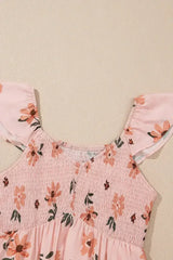 Pink Floral V Neck Smocked High Waist Ruffle Hem Maxi Dress - Femstylo