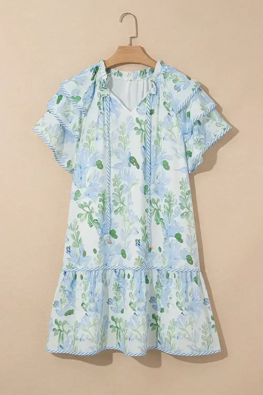 Sky Blue Floral Contrast Edge Ruffle Sleeve Tie Neck Mini Dress - Femstylo