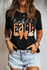 Black Hello Fall Thanksgiving Bow Pumpkin Graphic Tee