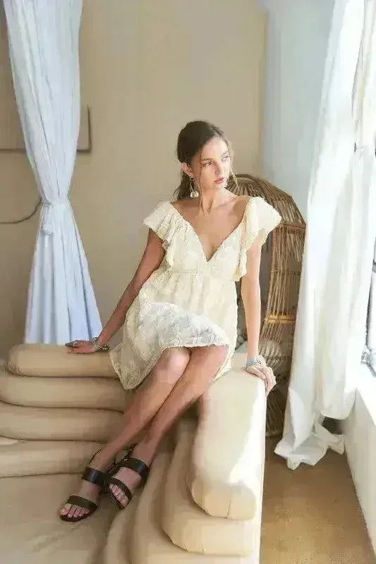 ADORA Tie Back V-Neck Ruffle Sleeve Dress - Femstylo