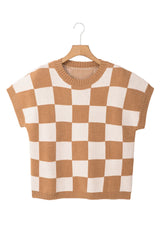 Light French Beige Checkered Knit Dolman Short Sleeve Sweater