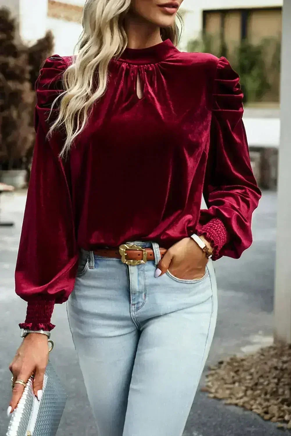 Fiery Red Velvet Blouse - Mock Neck & Puff Sleeves | Femstylo - Femstylo