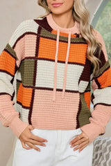 Orange Color Block Waffle Knit Drawstring Mock Neck Sweater - Femstylo