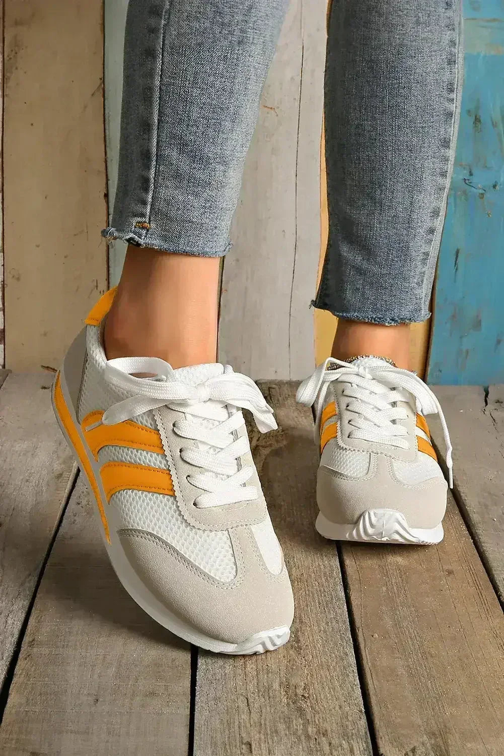 Yellow Patchwork Breathable Lace Up Sneakers - Femstylo