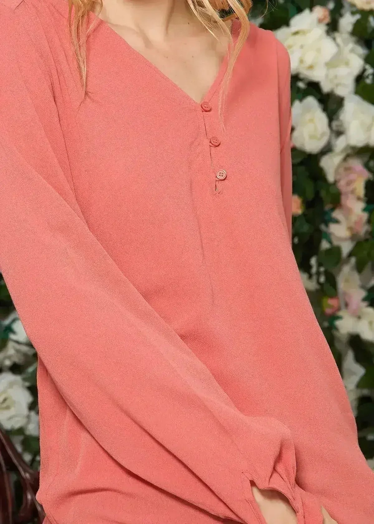 Blush V-neck Tie Cuff Blouse In Faded Coral | Femstylo - Femstylo