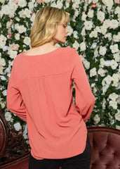 Blush V-neck Tie Cuff Blouse In Faded Coral | Femstylo - Femstylo