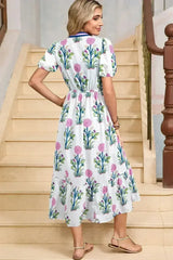 Blue Floral Ruffle Hem Pop of Color Neckline Dress - Femstylo