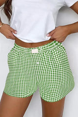 Blue Vintage Gingham Print High Waisted Loose Shorts - Femstylo