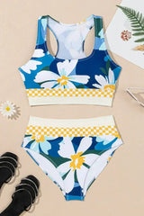 Green Floral Print Racerback High Waist Bikini Swimwear - Femstylo