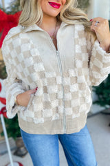 Khaki Checkered Sherpa Jacket | Corduroy Patchwork Zip-Up - Femstylo