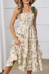 Green Floral Smocked High Waist Tiered Midi Dress - Femstylo