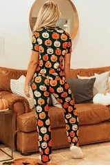 Pumpkin Printed Short Sleeve Top and Pants Lounge Set - Femstylo
