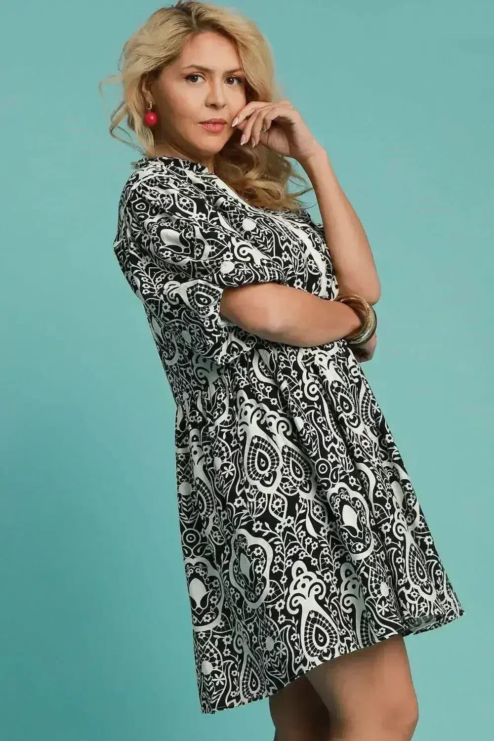 Umgee Full Size Abstract Print Puff Sleeve Dress Plus Size - Femstylo