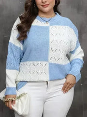 Plus Size Openwork Color Block Long Sleeve Sweater - Femstylo