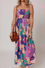 Purple Floral Print Shirred Spaghetti Strap Loose Maxi Dress - Femstylo