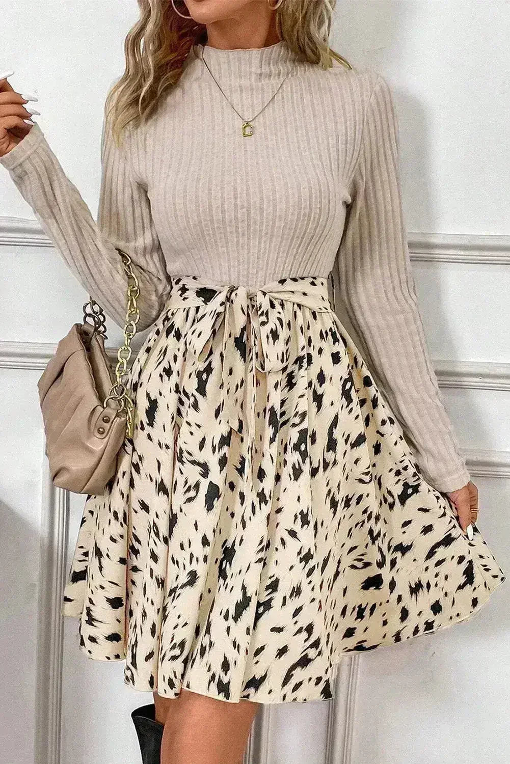 Tied Mock Neck Printed Dress | Long Sleeve Wrap Style | Femstylo - Femstylo