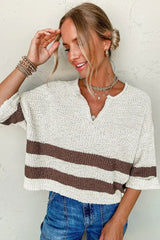 Brown Stripe Cropped Drop Sleeve Sweater - Femstylo