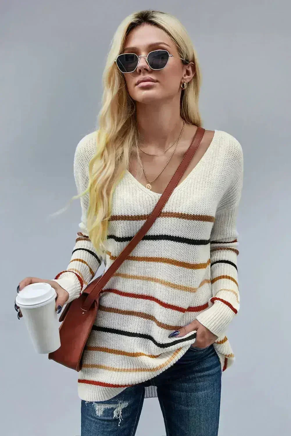 Multicolor Striped Loose Knit Sweater - Femstylo