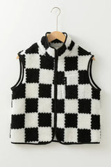 Khaki Checkered Sherpa Collared Jacket Vest
