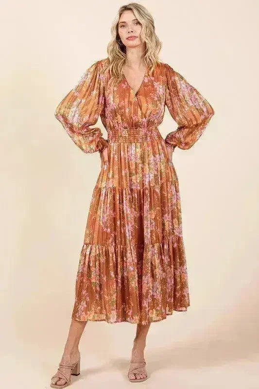 Mittoshop Flower Print Satin Lurex Stripe Smocked Midi Dress - Femstylo