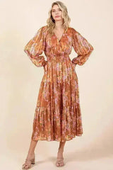 Mittoshop Flower Print Satin Lurex Stripe Smocked Midi Dress - Femstylo