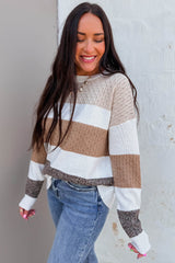 Brown Mixed Texture Knit Striped Colorblock Loose Sweater