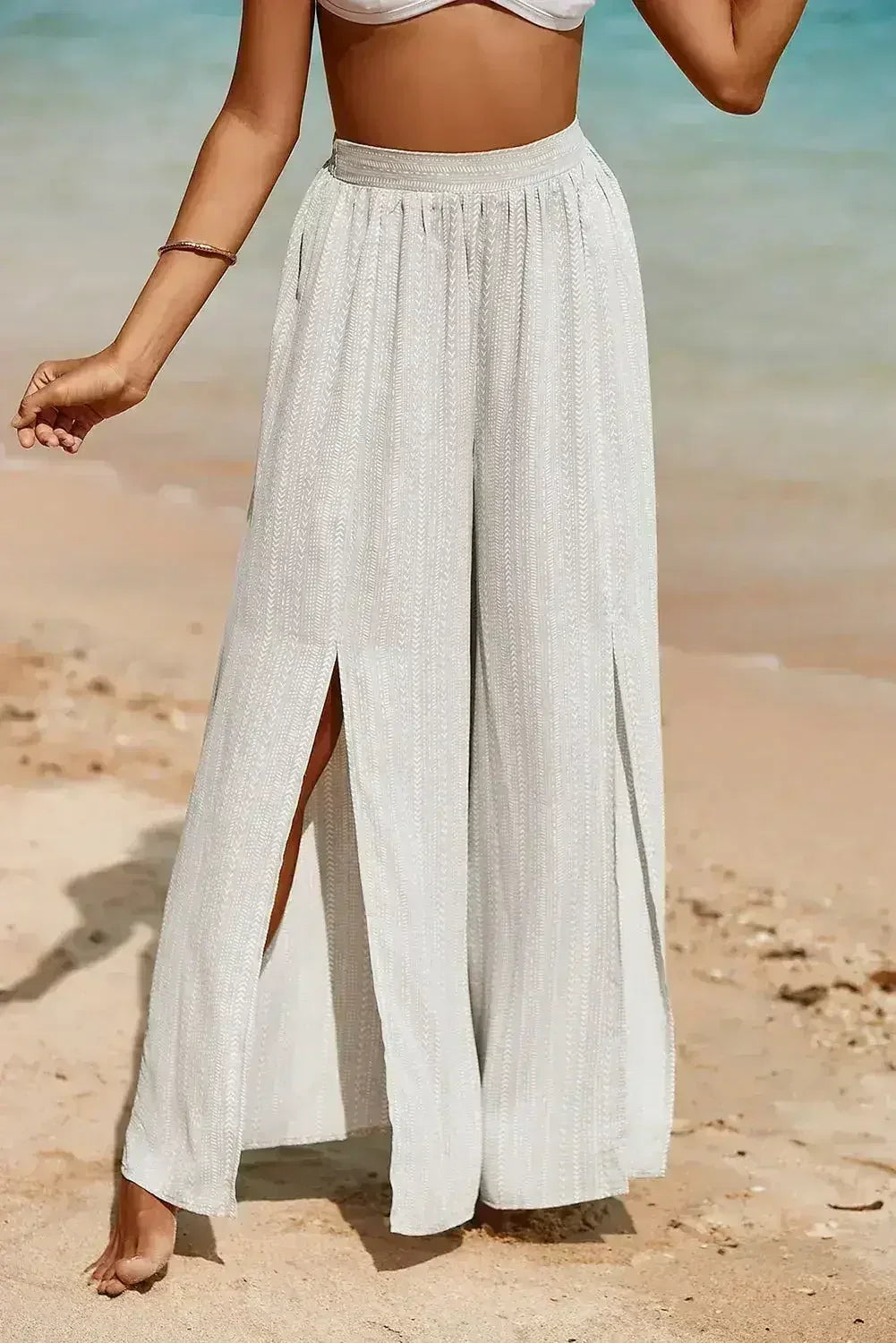 Striped Printed Slit Wide Leg High Waist Pants - Femstylo