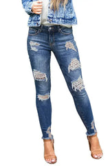 Women's Dark Blue Leopard Print Distressed Washed Skinny Jeans - Femstylo