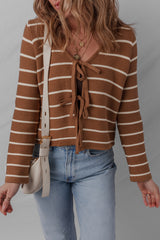 Chestnut Tie Front Striped Knit V Neck Cardigan Sweater