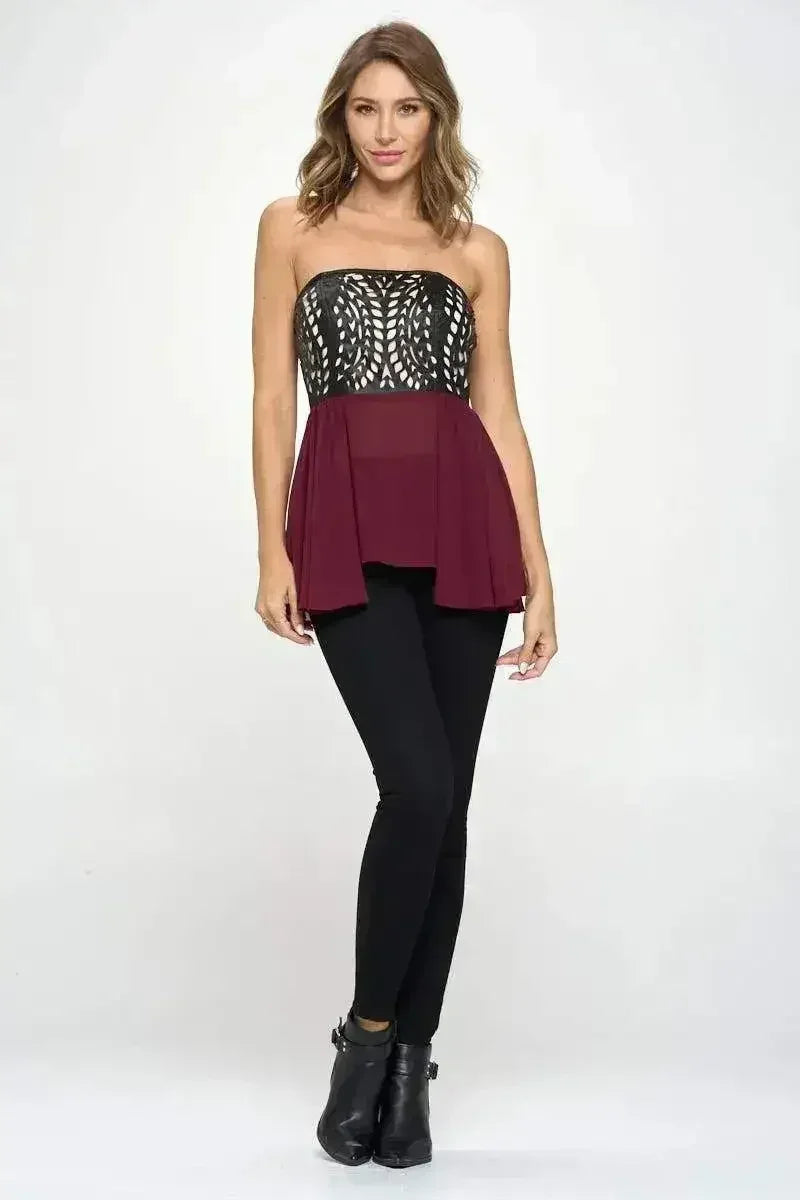 Strapless Laser-Cut Chiffon Peplum Top for Women - Femstylo