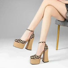 Leather Super Heels Platform Banquet High Heels Colorblock Chunky Heel - Femstylo