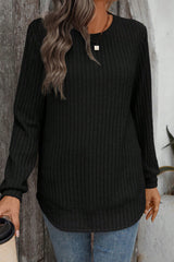 Black Ribbed Texture Round Neck Long Sleeve Rounded Hem Top